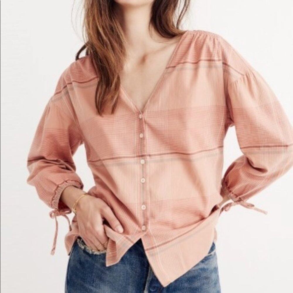 Madewell Morningview Tie-Sleeve Peach Plaid Button-Front Blouse